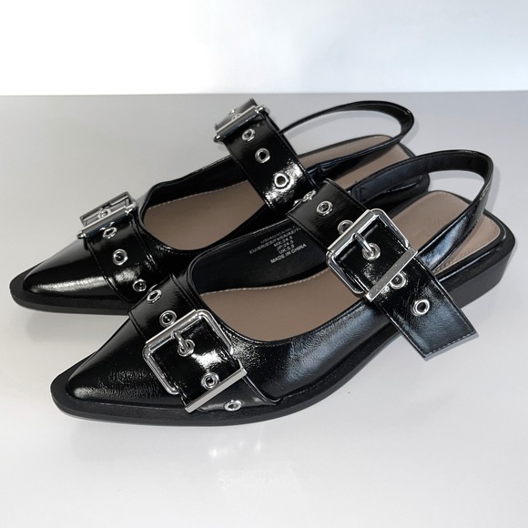 The Drop Shoes - The Drop Womens Black Pointed Toe Slingback Buckle Flats Shoes Size 7.5 NWOT